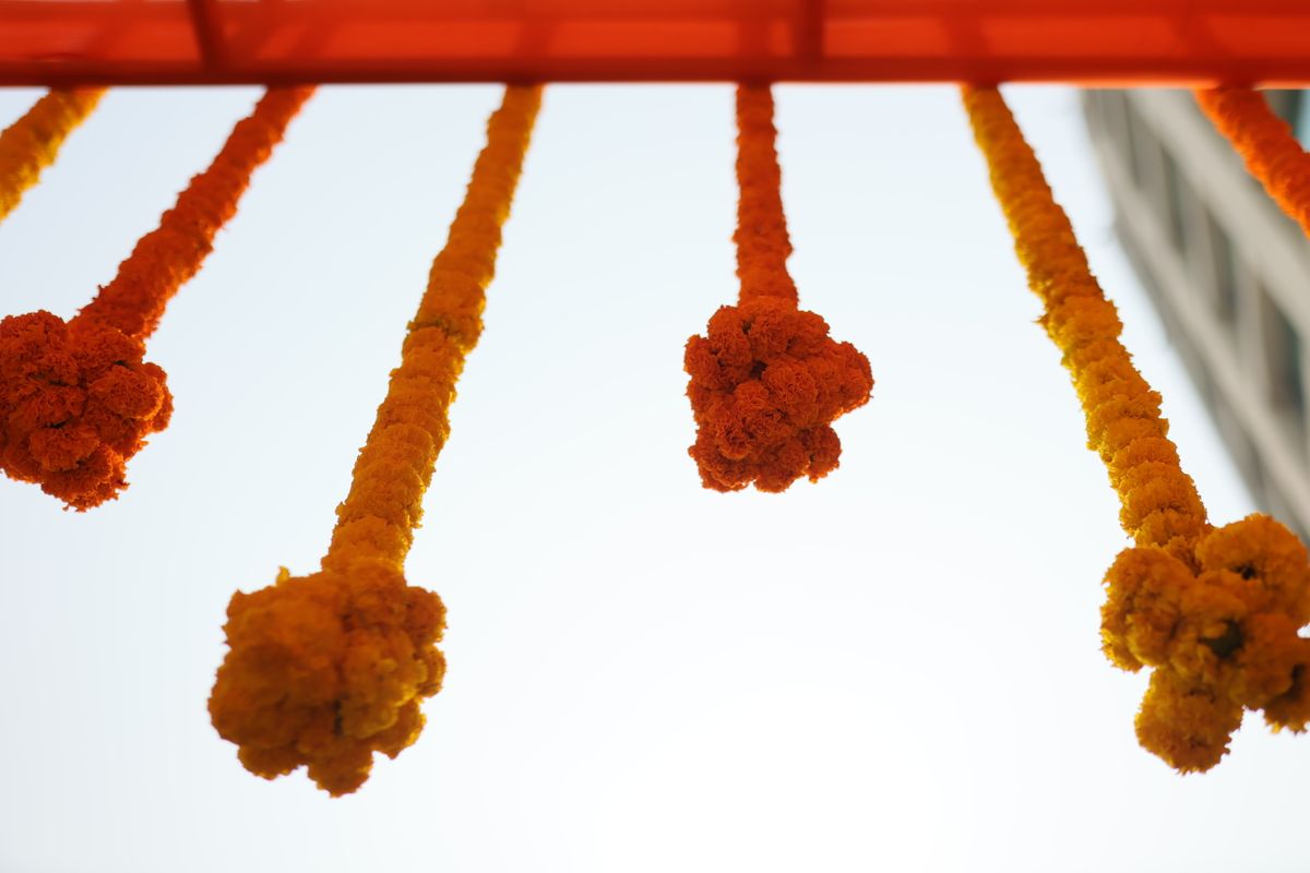 Fresh marigold garlands hung for the celebration