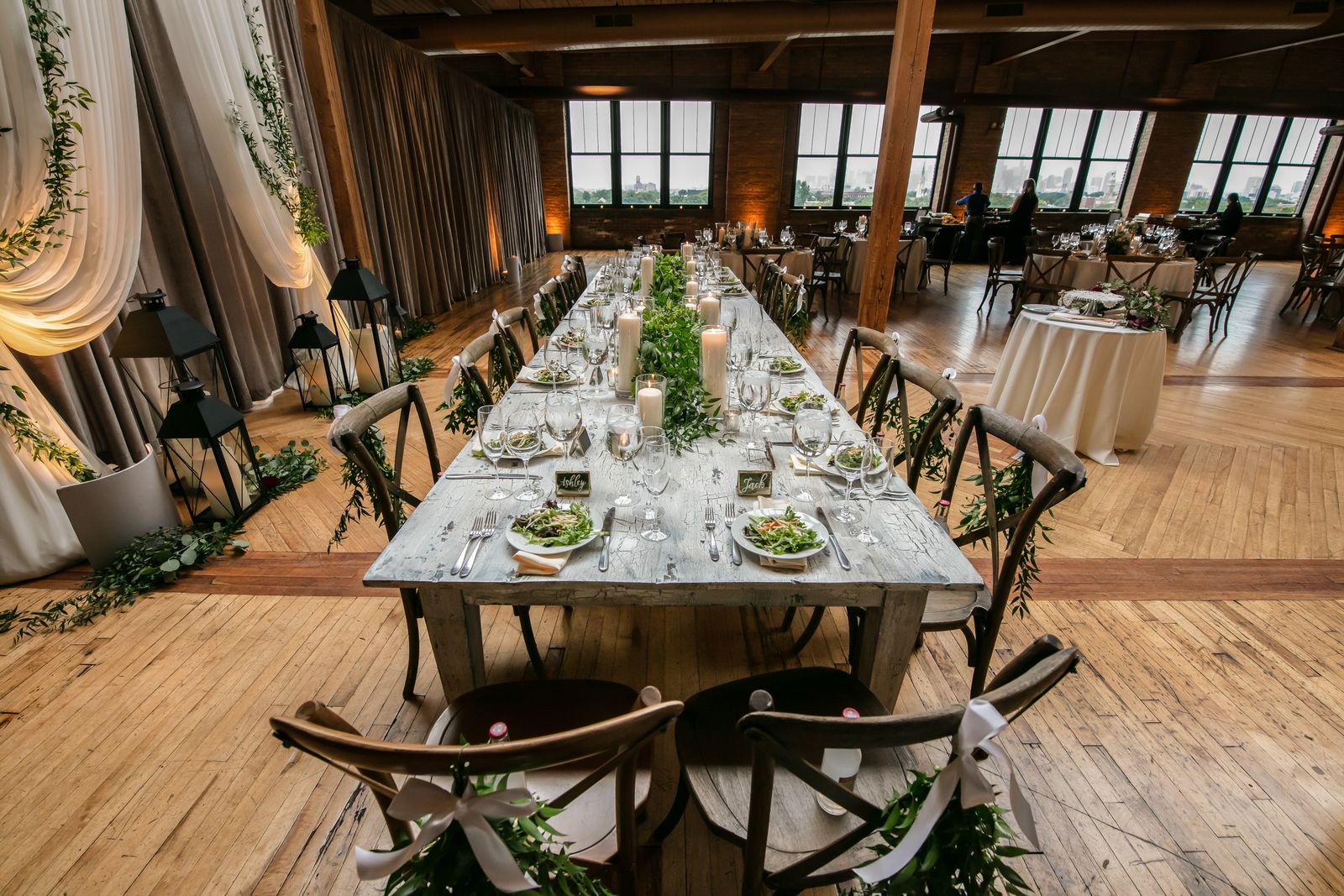 A wedding tablescape set for the evening